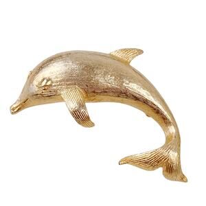 Mid Century Gold Tone Dolphin Brooch Figural Marine Animal Vintage Jewelry